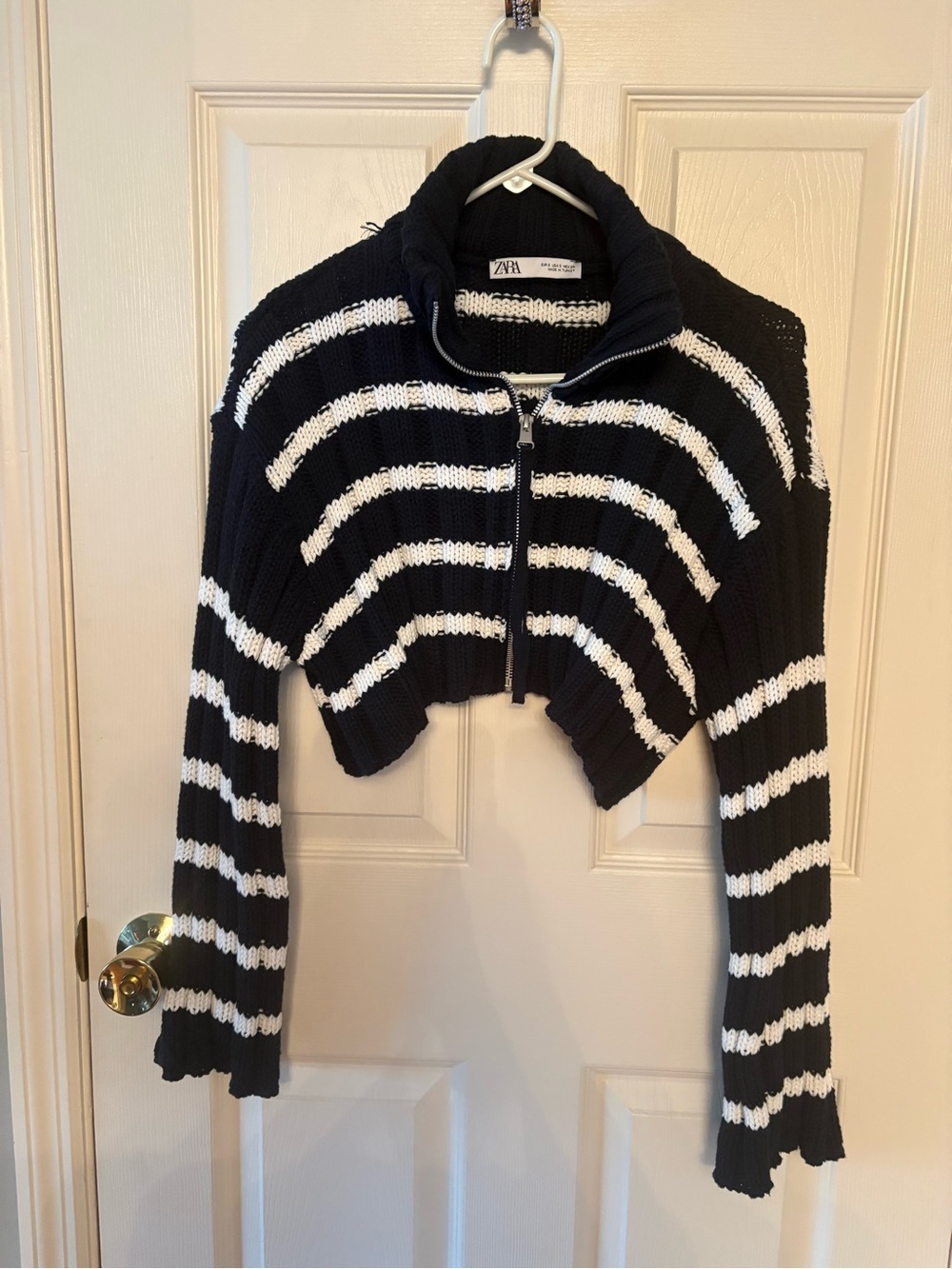 ZARA Navy & White Striped Cropped Zip Sweater
